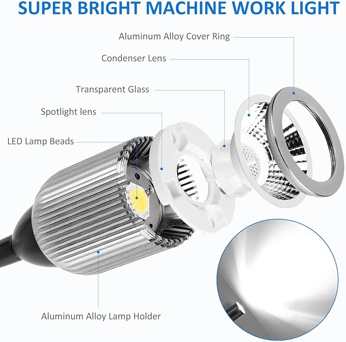 10W Magnetic Machine LED Work Light with Flexible Gooseneck and Magnetic Base, 1000lm, 6500k Magnetic Base Tool Lamp for Work Bench, lathe, Sewing Machine, Grill, Shop, Industrial Lighting