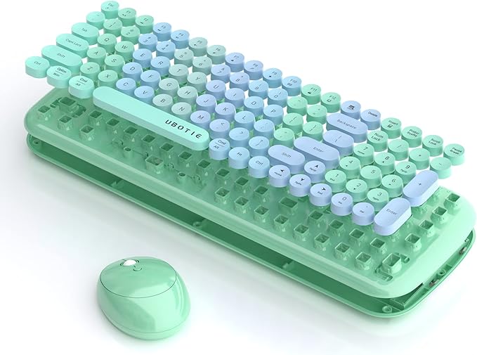 Wireless Keyboards and Mouse Combos, UBOTIE Colorful Gradient Rainbow Colored Retro Typewriter Flexible Keyboard, 2.4GHz Connection and Optical Mouse (New Green Colorful)