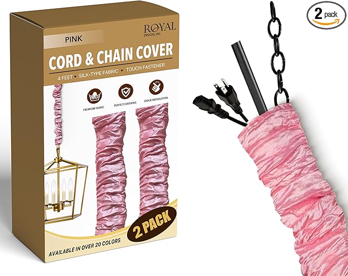 Royal Designs, Inc. Cord & Chain Cover 4 ft Silk Type Fabric, Chandelier Pendant Lighting Chain & Cable Management, Touch Fastener, Pink - 2 Pack
