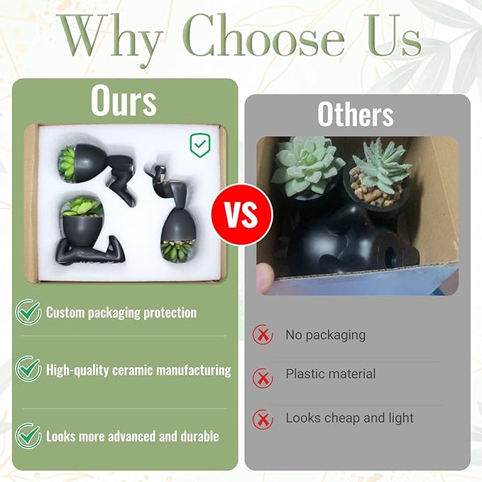 Zerzsy 2PCS Cute Artificial Succulent Plants with Creative Human Shaped Pots, Desk Decoration Mini Potted Planter Succulent Decor for Desktop Office Bedroom Table Decor (Matte Black)