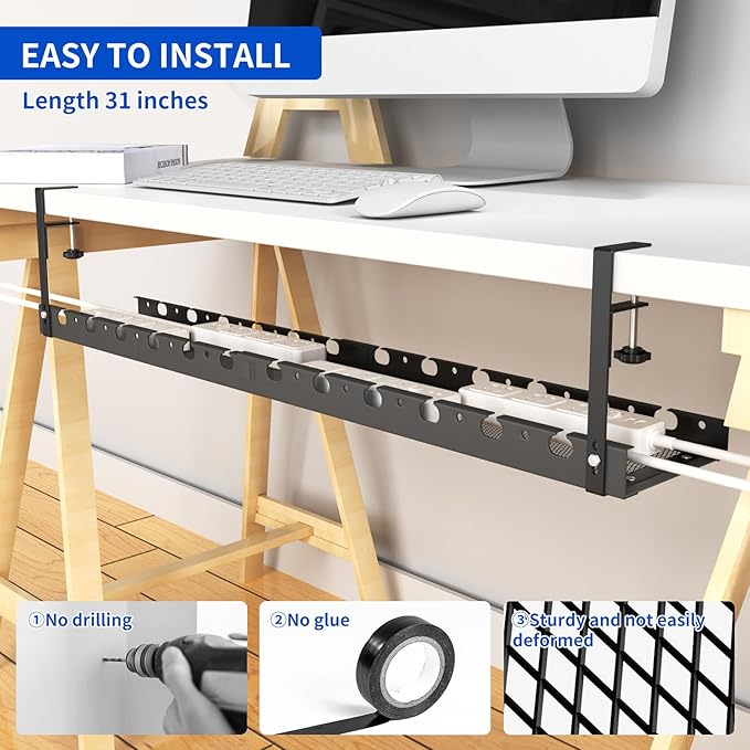 31Inch Extendable Under Desk Cable Management Tray Multi-Model Metal Cable Management Tray Under Desk Cord Management with Clamp Power Strip Cord Holder for Wire Cable Management, Black