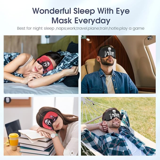 2 Pcs Human Skulls Sleep Halloween Mask for Women Men, Silk Eye Covers for Sleeping, Adjustable Strap & Light Blocking Design, Adult Children's Bedtime Blindfold for Travel and Home Use (Human Skulls)