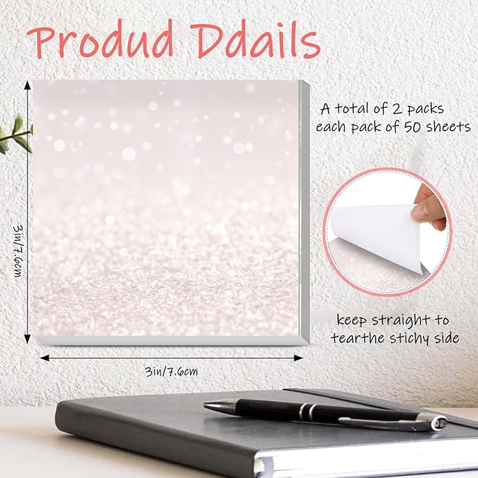 Sticky Notes 3x3 Inches, 2 Pads Cute Colorful Self-Stick Note Pads, Easy to Post for Home, Office and Daily Life Organization Glitter Pink Leopard