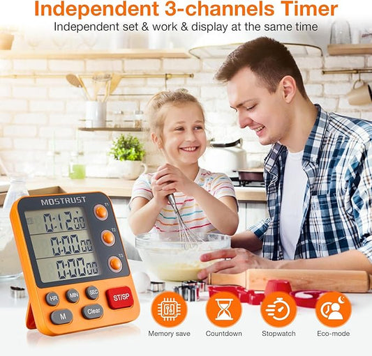 Digital Dual Kitchen Timer, 3 Channels Countdown Triple Timer for Cooking, Magnetic Memory-Preset Large-Display Adjustable Alarm Volume, Multi Times Management, 3A Battery Included, Green