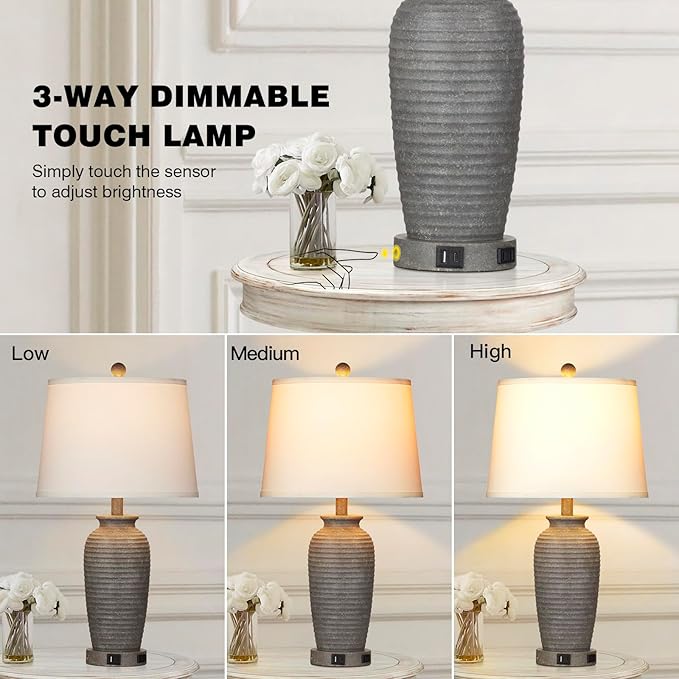 25" Farmhouse Jar Table Lamps, 3 Way Touch Control Rustic Bedside Lamps with USB A+C Ports & AC Outlet, Pot Nightstand Lamps for Bedroom Living Room (LED Bulbs Included)