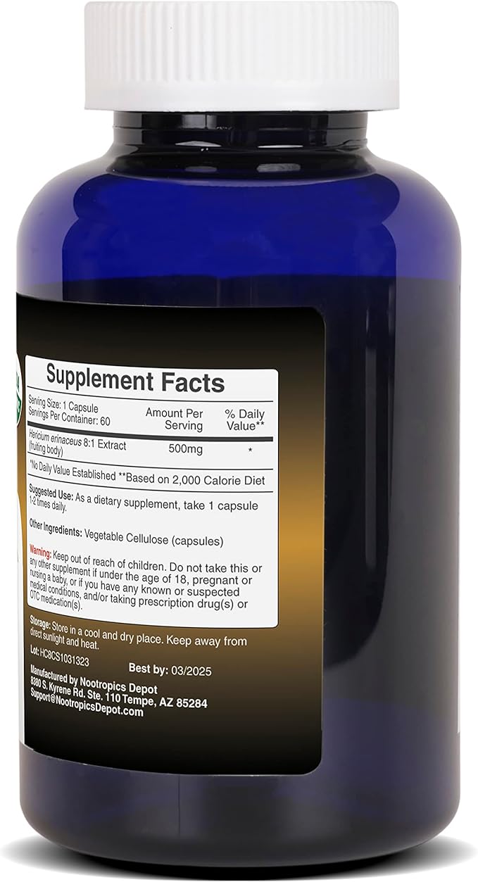 Nootropics Depot Lions Mane Mushroom Capsules | 8:1 Whole Fruiting Body Dual Extract | 500mg | 60 Count | Hericium erinaceus