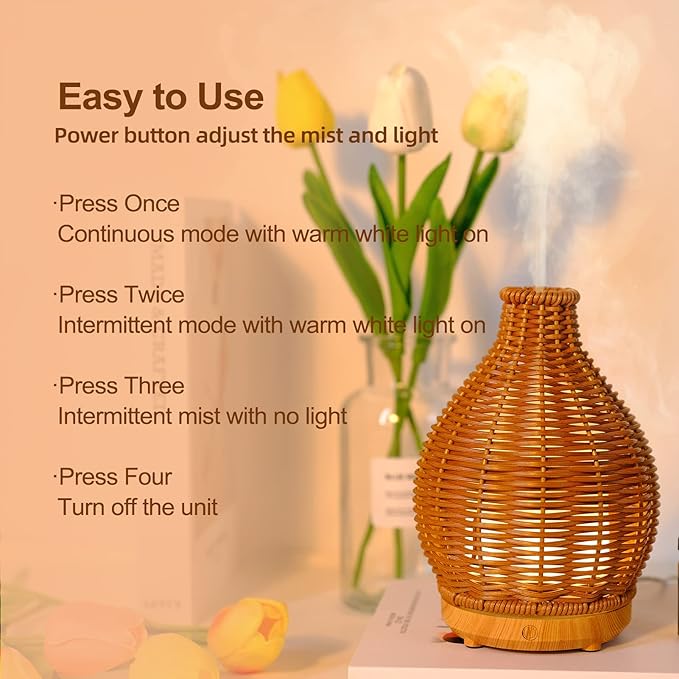Rattan Woven Essential Oil Diffuser, Aroma Humidifier with Timer and Waterless Auto-Off, 80ML Ultrasonic Aromatherapy Diffuser with Warm Light for Office and Home