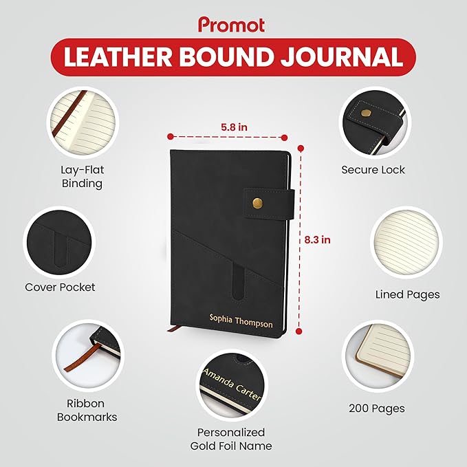 Promot Personalized Notebook - A5 Lined Leather Bound Journal for Writing Women Men - Hardcover Executive Notebook, Daily Journal, Travel Diary, Gift Idea, Custom Embossed Text with Gold Metallic Foil