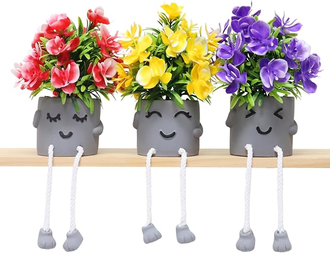 Zerzsy Set of 3 Small Artificial Plants in Pots,Cute Fake Potted Plants with Hanging Leg Planter for Window Sill Desk Bathroom Decor, Home Office Artificial Succulent Plants