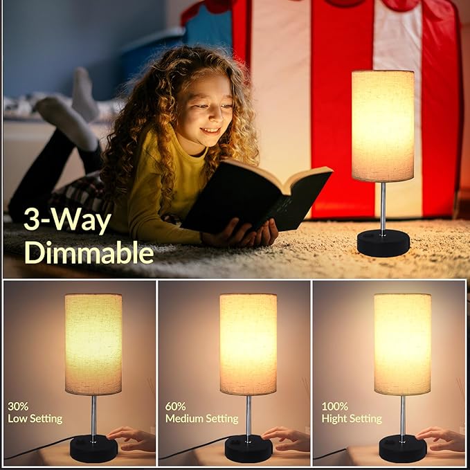 Touch Table Lamp for Bedroom, 3 Way Dimmable Bedside Lamp with USB C+A Ports and Linen Shade, Small Lamps for Night Stands Living Room Office, LED Bulb Included (Beige)
