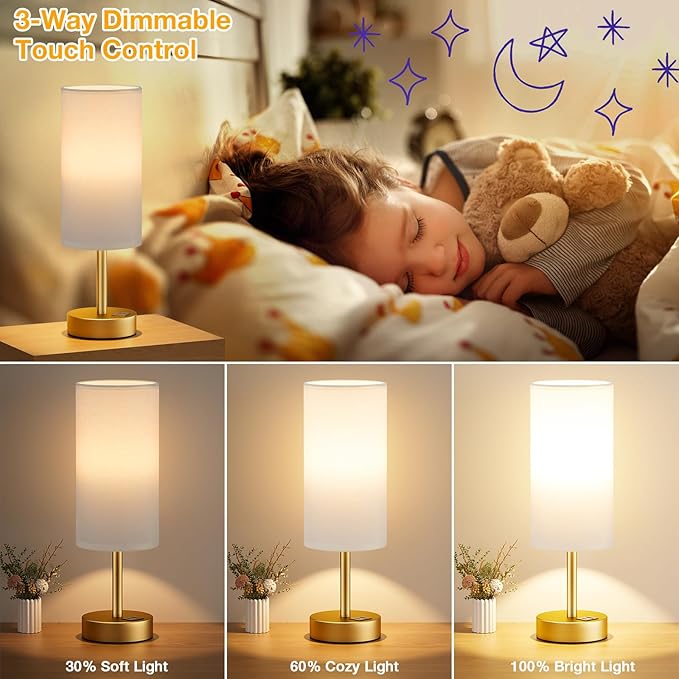 Small Touch Bedside Lamp with USB - 3 Way Dimmable Table Lamp for Bedroom, Nightstand Lamp with Gold Charging Station for Desk Dorm, Office