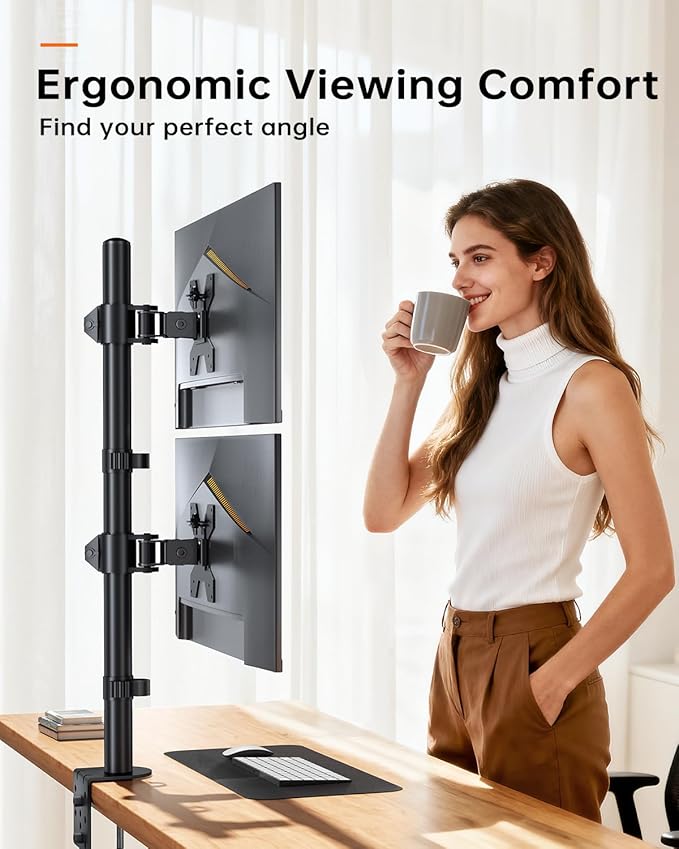 Dual Monitor Stand for 13-27'' Wide Monitor Desk Arm up to 44lbs Adjustable Stacked Double Monitor Mount with C-Clamp 75x75/100x100 VESA