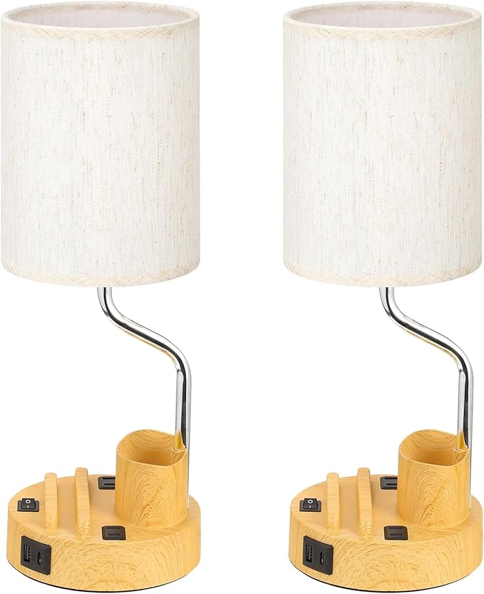 Bedside Table Lamps for Bedroom Set of 2 - Nightstand Light with AC Outlet and USB A & C for Charging, 3 Color Temperatures Wood Desk Lamp with Pen Holder & Phone Stand for Living Room/Dorm/Office