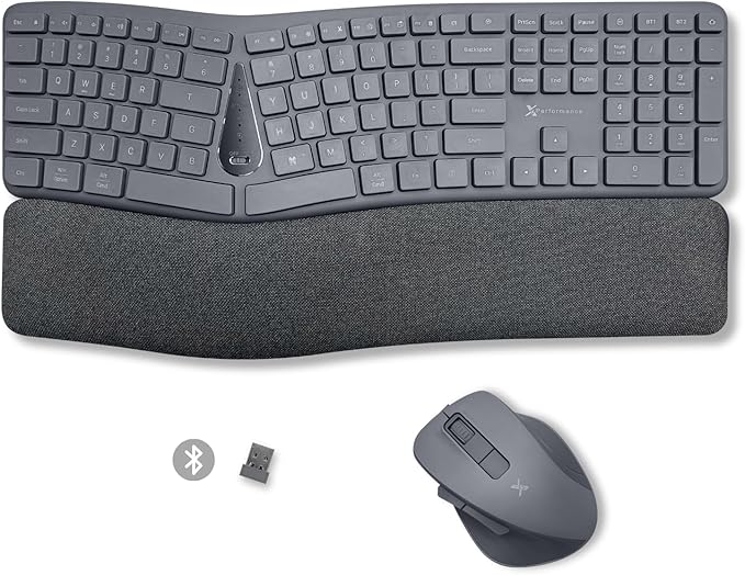 X9 Split Ergonomic Keyboard Mouse Wireless Combo - Type Comfortably Longer - 2.4G/Bluetooth Ergo Keyboard Mouse Wireless, Silent Keys, Wrist Rest, Multi-Device, Rechargeable for Laptop, PC, Mac - Gray