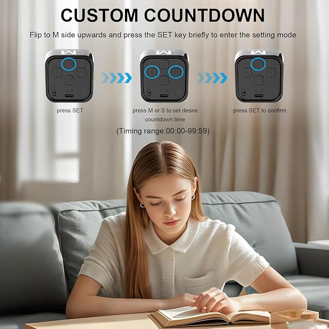 Rotating Cube Visual Timer 5, 25, 10, 50 Min Preset + Custom Countdown, Rechargeable Desk Productivity Flip Timer w/Silicone Case, Silent Mode, Ideal for ADHD Tool Study Work School (Black)