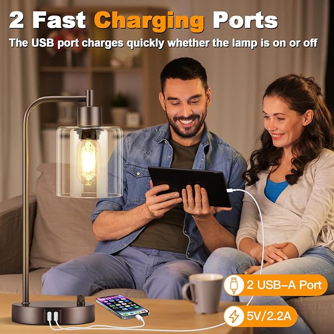 Brown Industrial Table Lamp with 2 USB Charging Ports, Fully Stepless Dimmable Modern Nightstand Lamp, Glass Shade Bedside Desk Lamp for Bedroom Living Room Office, 6W 2700K LED Edison Bulb Included