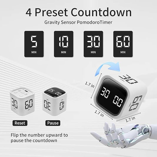 Productivity Timer Flip Gravity Sensor Cube Timer Countdown & Countup,Mute & Vibrate & Sound,5/10/30/60min & Custom Timing, Perfect for ADHD,Work,Learning,Kitchen Cooking