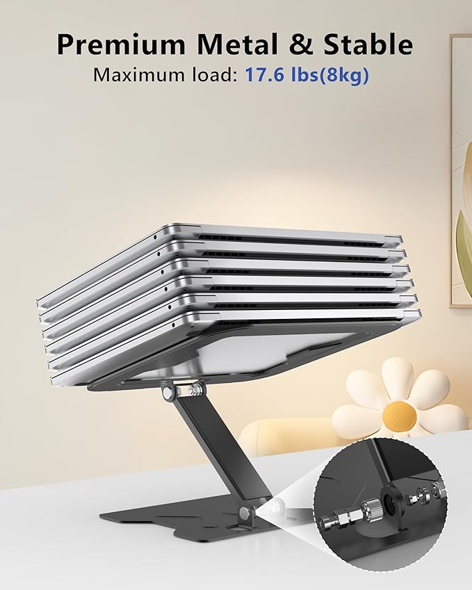 Adjustable Laptop Stand for Desk, Metal Foldable Laptop Riser, Portable Laptop Holder Mount, Ventilated Cooling Notebook Stand for MacBook Air Pro, All 10-16'' Notebooks Laptops, Matte Black