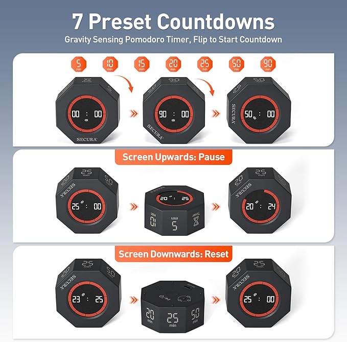 Secura Pomodoro Timer, Rotating Cube Time Tracker, Flip Gravity Sensor with 7 Presets, Visual Progress Bar for ADHD, Kids, Tasks, Work, Study (Dark Gray)