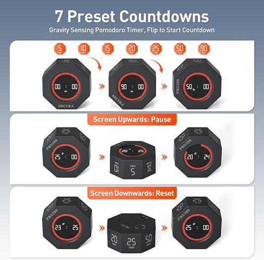 Secura Pomodoro Timer, Rotating Cube Time Tracker, Flip Gravity Sensor with 7 Presets, Visual Progress Bar for ADHD, Kids, Tasks, Work, Study (Dark Gray)