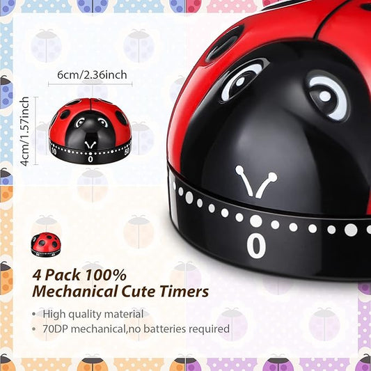 4 Pcs Ladybug Kitchen Timers for Cooking Cute Ladybug Cooking 60 Minute Mechanical Timer Red Black Kitchen Alarm Clock for Kids Reading Do Sports Baking Gifts, No Battery Required