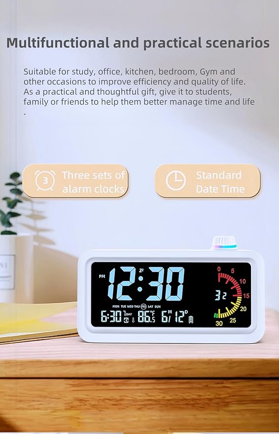 Digital Alarm Clock Night Light Visual Timer, LCD Time Reminder with 3 Alarms, Snooze,Temperature Display, Ideal for Family Education Teaching and Time Management Gifts for Kids (Color White)