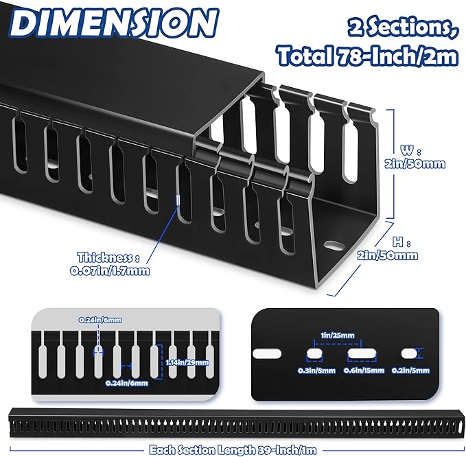 ZhiYo Cable Raceway 78in(2xL39in), Server Rack Cable Management Under Desk Cord Organizer, Electrical Safe PVC Cable Channel Open Slot Wire Raceway for Network/PC/TVs, Wire Duct H2 x W2in Black