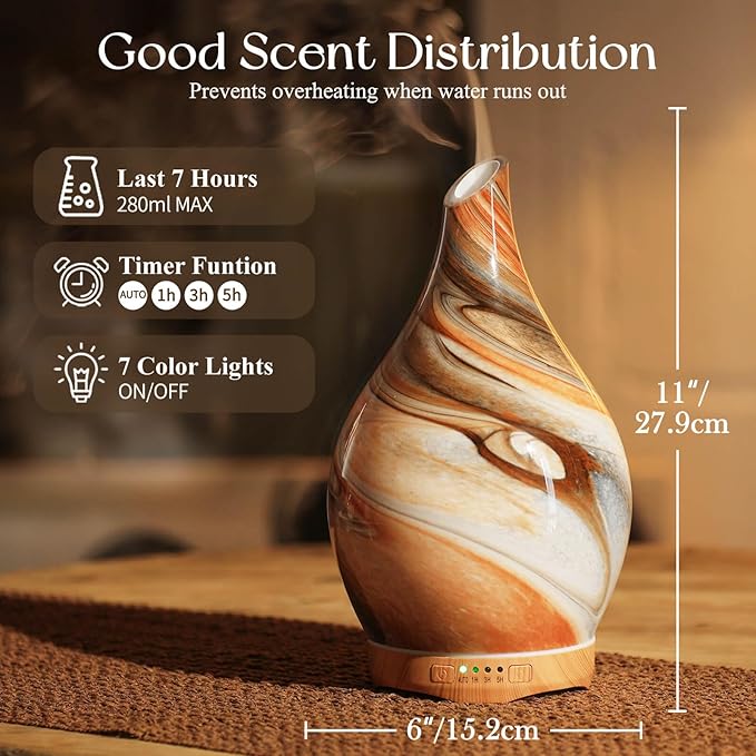 Porseme 280ml Glass Essential Oil Diffuser Aromatherapy Ultrasonic Cool Mist Humidifier 7 Running Hours Waterless Auto-Off Air Diffusers for Sleeping, Yoga, Office Working, Spa and Rest (Deep Desert)