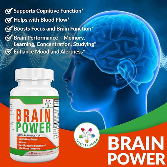 Spectra Vitamins Brain Power, Supports Focus, Nootropics, Improves Memory, Alertness for Men & Women, Ginkgo Biloba, Gotu Kola, 60 Capsules,