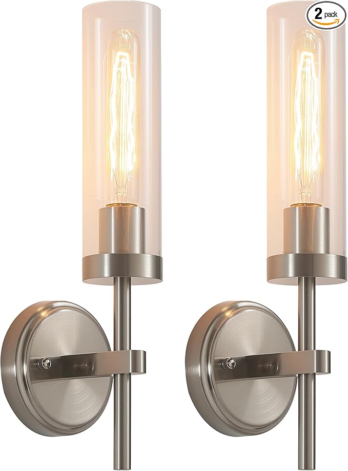 Wall Sconces Set of Two,Brushed Nickel Bathroom Sconces Wall Lighting with Clear Glass, Modern Sconces Wall Decor Set of 2 Wall Light fixtures for Bathroom Mirror Living Room Hallway Bedroom Wall Lamp