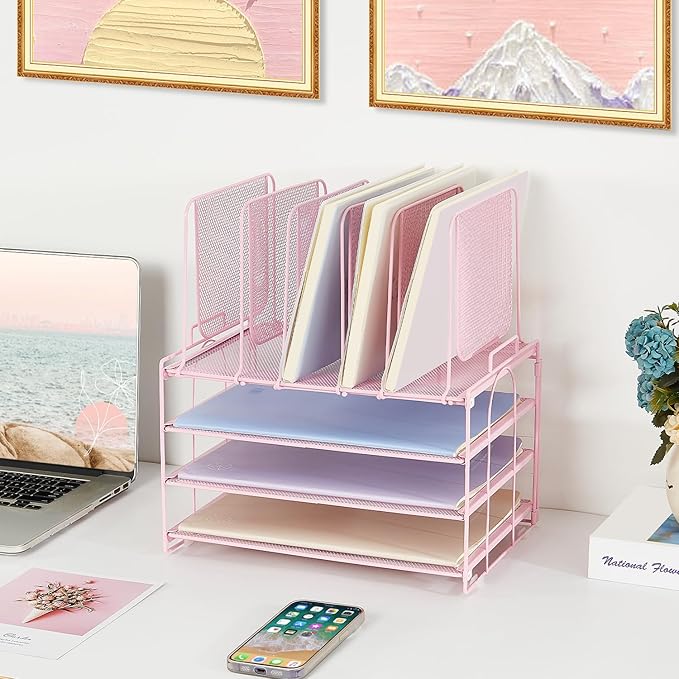 Paper Desk Organizer, 3-Tier Letter Tray with 5 Vertical File Holders, Multifunction Desktop Folder Organizers and Accessories for Home Office(Pink), LK-3CB