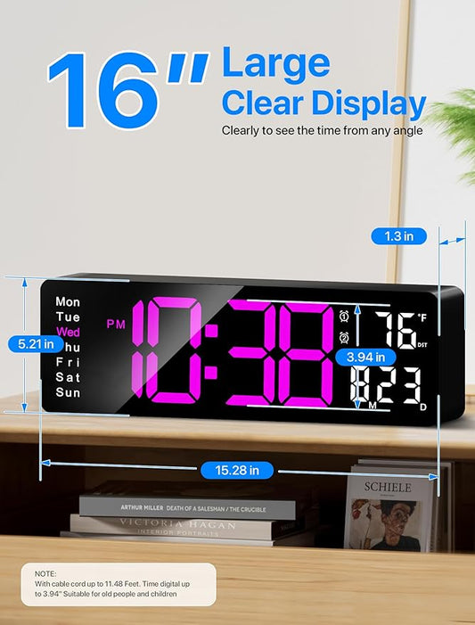 MASHI Digital Wall Clock, 16" Large Display Digital Clock with Remote Control, Auto-Dimming Wall Clock with Night Light, DST, Date Week,Temp for Living Room, Bedroom, Decor, Gift for Elderly