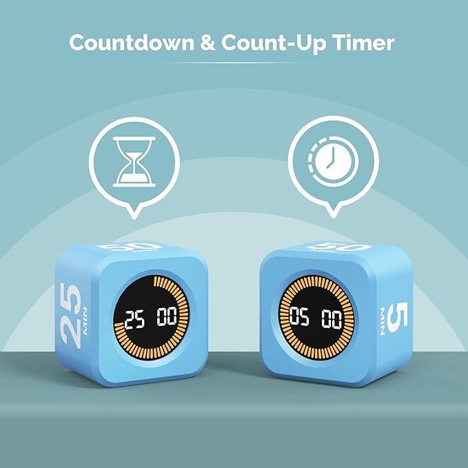 KADAMS Pomodoro Cube Timer Productivity Visual Timer - 5/10/25/50 Min Rotating Countdown (Blue)