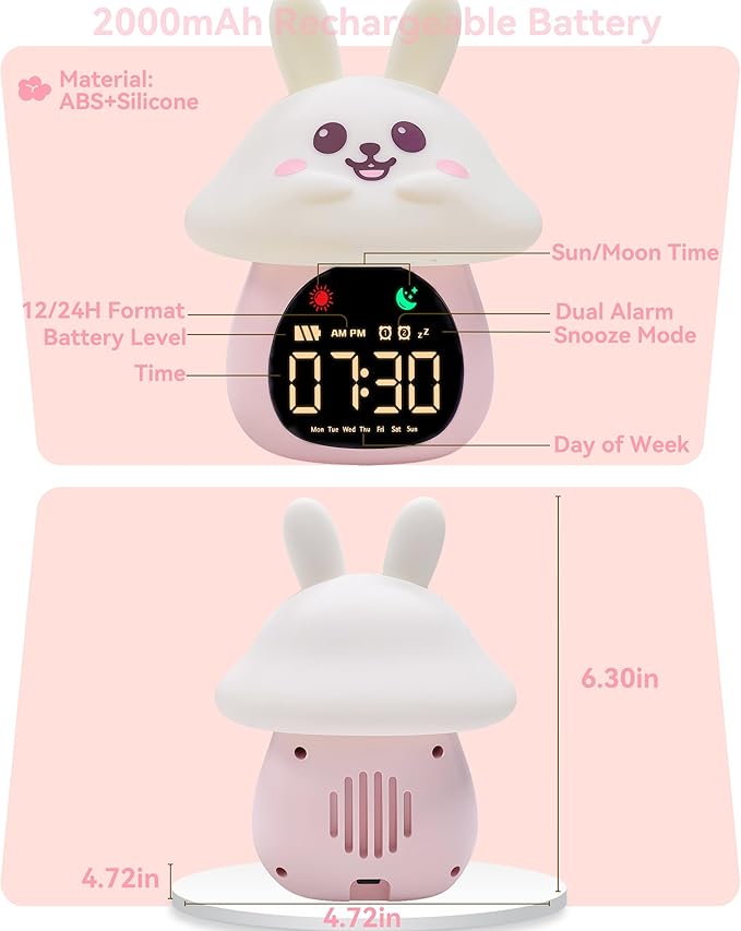 Yiliaw Sleep Training Alarm Clock with Night Light for Kids - Ok to Wake Clock with Dual Alarms, Night Light & RGB Colors, 6 Alarm Tones & White Noise, Rechargeable Clock for Boys & Girls, Bunny