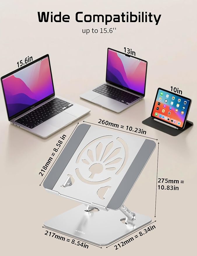 Aluminum Laptop Stand for Desk – Adjustable Ergonomic Laptop Riser, Foldable & Portable Holder Fit for MacBook & 10"-16" Laptops for Office, Home & Travel,Silver