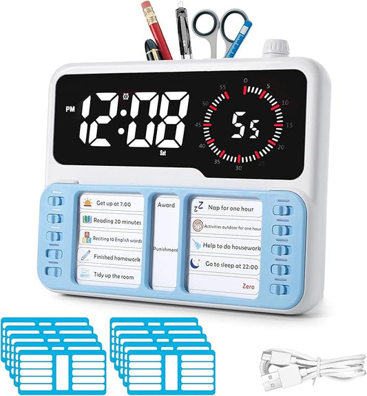 7-in-1 Visual Timer for Kids & Adults with Task Planner – ADHD Time Management Tool with Alarm, Countdown, Calendar, Temperature Display & Storage – Ideal for Home, School (Blue)