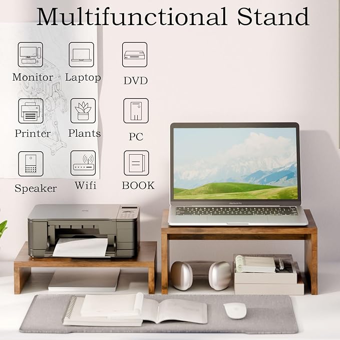 TEAMIX 2 Pack Monitor Stand Riser Rustic Brown,Wood 2 Tier Adjustable Monitor Stand Dual Monitor Riser for 2 Monitors/Laptop/PC Computer Stand Desktop Space Saver…