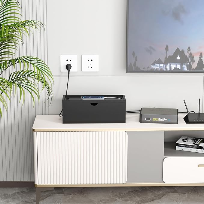 Bamboo Cable Management Box, Large Cord Organizer Box Cable Box to Hide Wires & Power Strips for Desktop Storage Cord Holder for Office Home,No Assembley Required (All Black, Large)