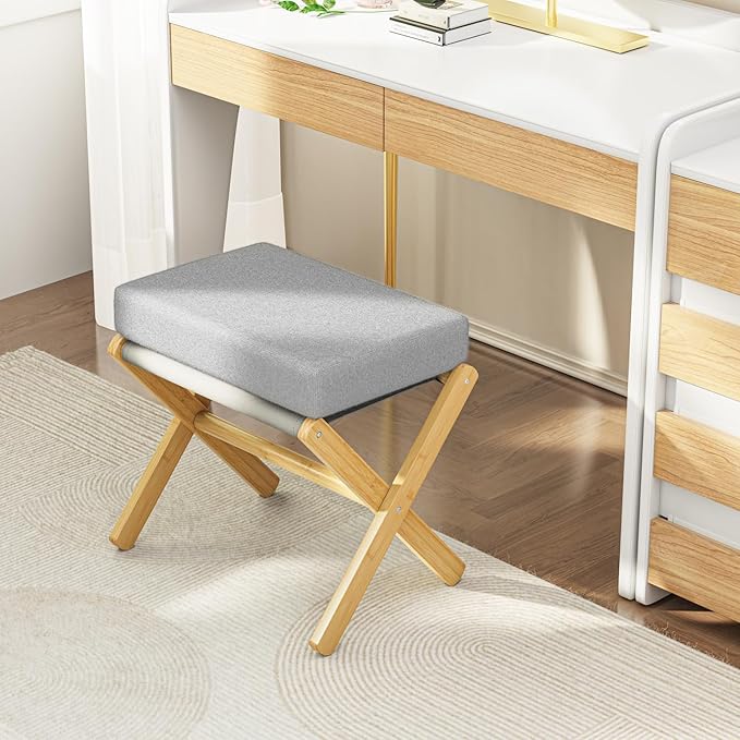 Foldable Foot Stool Ottoman, Modern Foot Rest with Bamboo X Legs & Thick Foam Cushion, Folding Foot Stools Small Padded for Bedroom Living Room, Makeup Vanity Stool Chair (Natural - Grey)
