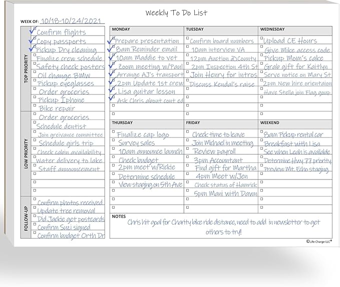 Weekly To Do List Notepad, 60 Page Task Planning Pad w/Daily Checklist, Priority Todo Checkbox & Notes. Desk Notebook to Organize Office 11 X 8.5