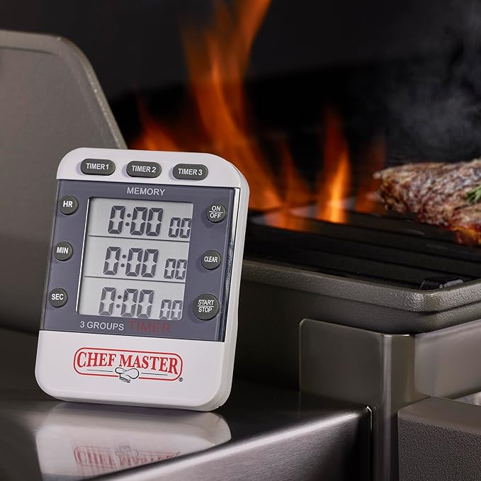 3-Channel Digital Timer by Chef Master, Triple Channel Count Up/Down Kitchen Digital Timer for Cooking, Roasting, Grilling, Marinade, Boiling, Baking, Pocket Clip, Stand & Magnet for Hands Free -90271