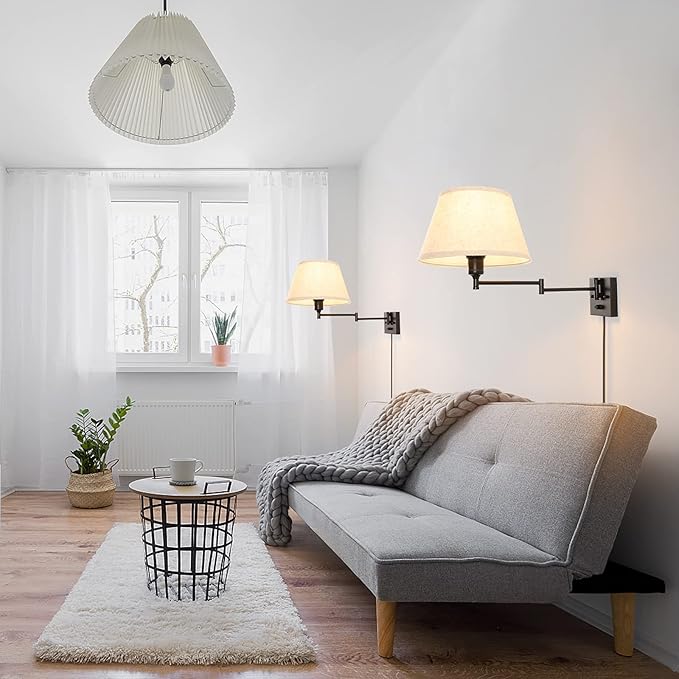 TRLIFE Dimmable Wall Sconce Plug in, Wall Sconces Set of Two Swing Arm Wall Lights with Plug in Cord and On/Off Dimmer Rotary Switch, 11.8" Large Beige Fabric Shade(2 Pack, 2 Bulbs Included)