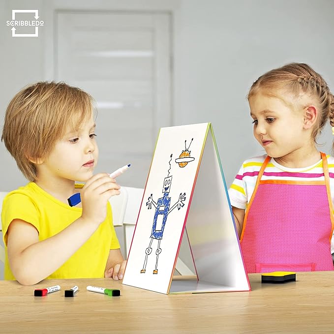 Scribbledo Table Top White Board Magnetic Easel for Kids Dry Erase Drawing Board Toddler Writing Tabletop Whiteboard with 6 Dry Erase Markers and 1 Eraser Included