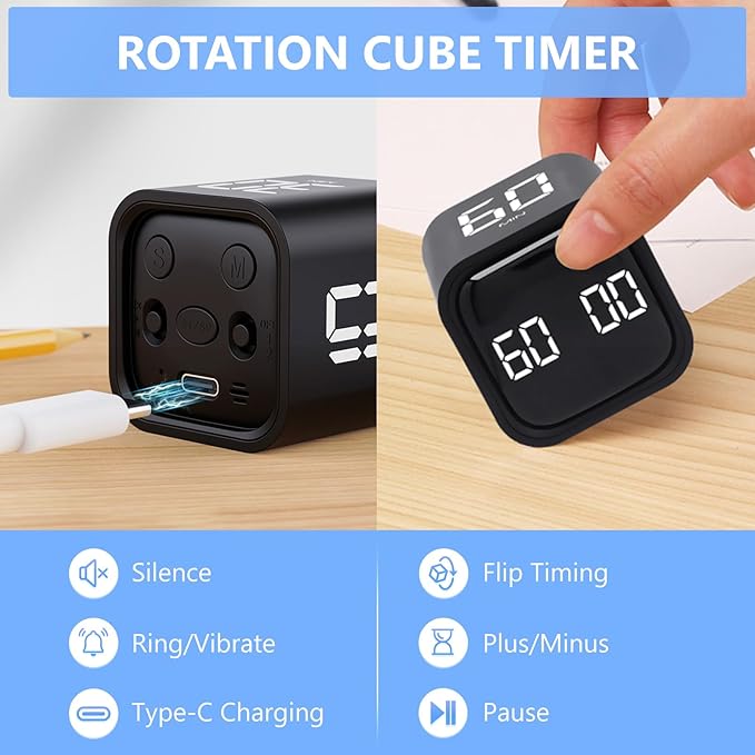 Digital Cube Productivity Timer - Rotating Pomodoro Timer with Gravireceptor 5-10-30-60 Min Custom Countdown, Vibration & Adjustable Volume for Learning Office Kitchen Desk, Black