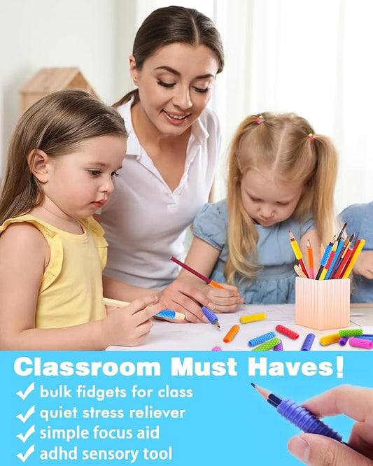 Sensory Fidget Toys Kids Adults: 48 Pack Textured Silicone Pencil Grips for Autism Kids Calming - ADHD Tools for Anxiety Relief Items - Quite Fidget Toy Gifts Christmas Stocking Stuffers for Kids