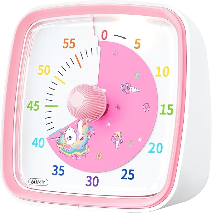 Yunbaoit Visual Timer with Night Light, 60-Minute Unicorn Countdown Timer for Kids and Adults, Time Management Tool for Home, School, Kitchen, or Office (Pink)