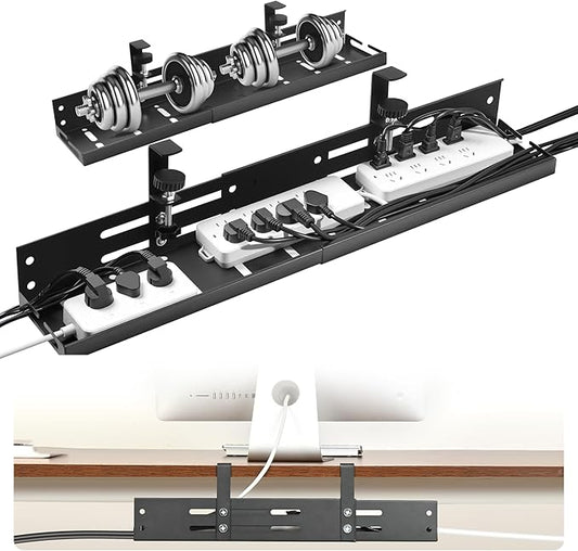 Retractable Under Desk Cable Management Tray No Drill, 17"-30" Long Cable Tray with Clamp Mount, Metal Cord Organizer, Support 50 lbs+, Wire Management Basket for Home Office, Black