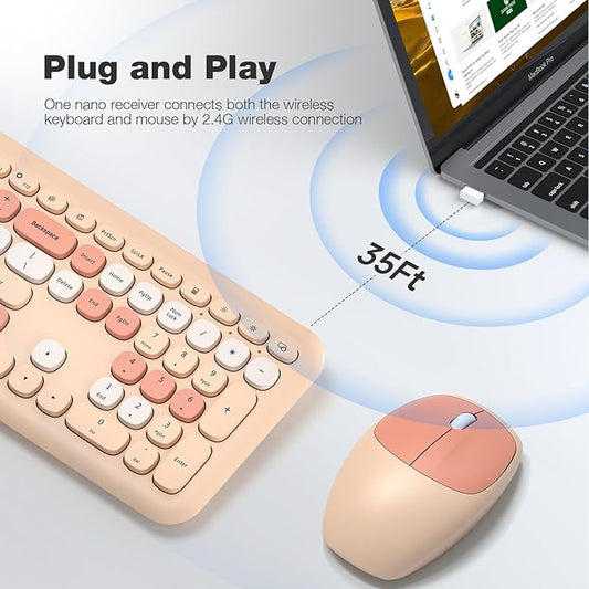 KNOWSQT Wireless Keyboard and Mouse Combo, Pale Milktea Full-Sized 2.4G Silent Keycap Colorful Keyboards, USB Dongle Plug Play, for Laptop, Windows, PC, Computer, Desktop