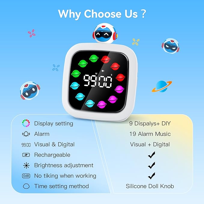 Yunbaoit Digital Visual Timer for Kids, Rechargeable 99-Minute Silent Countdown Timer with 19 Ringtones, 9 Optional DIY Color Planet Display, Time Management Tool with Pause Function (Robot)