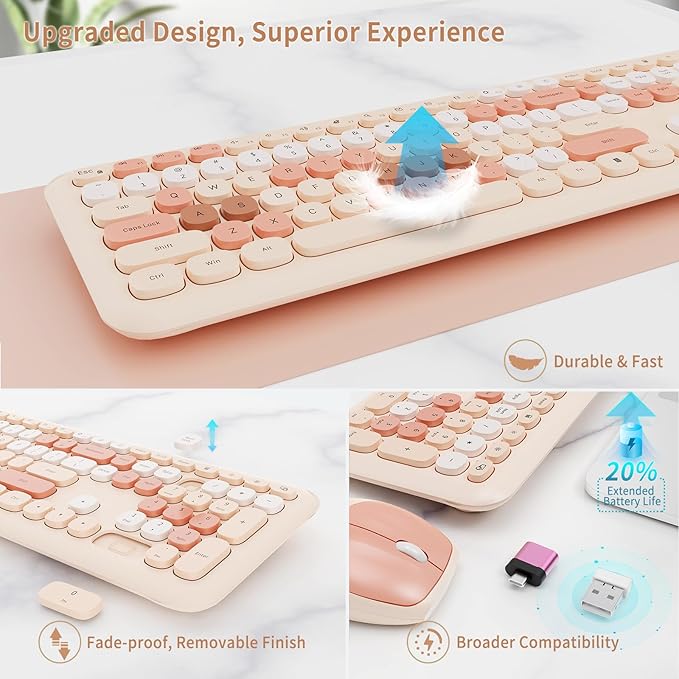 Wireless Keyboard and Mouse Combo, Retro Typewriter Keyboard with Round Keycaps, Full-Size Ergonomic, Brown, Ideal for Windows PC, Home, Office, and College, Wireless Keyboard Mouse Combo